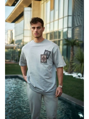 Unisex Bisiklet Yaka Baskılı Oversize T-Shirt - Boyalı Gri