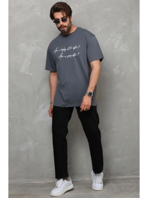 Unisex Bisiklet Yaka Baskılı Oversize T-Shirt - Füme