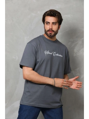 Unisex Bisiklet Yaka Baskılı Oversize T-Shirt - Füme