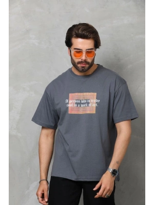 Unisex Bisiklet Yaka Baskılı Oversize T-Shirt - Füme