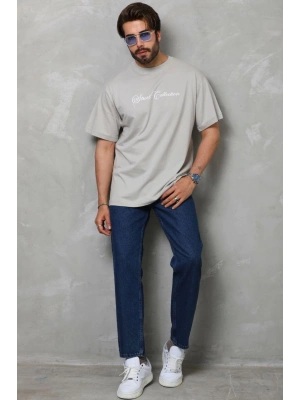 Unisex Bisiklet Yaka Baskılı Oversize T-Shirt - Gri