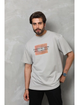 Unisex Bisiklet Yaka Baskılı Oversize T-Shirt - Gri