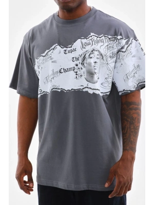 Unisex Bisiklet Yaka Baskılı Oversize T-Shirt - Gri