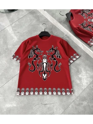 Unisex Bisiklet Yaka Baskılı Oversize T-Shirt - Kırmızı