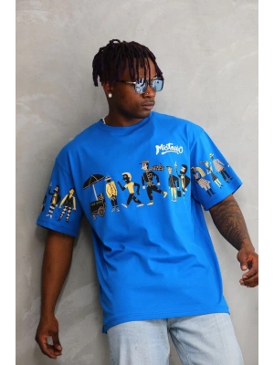 Unisex Bisiklet Yaka Baskılı Oversize T-Shirt - Mavi