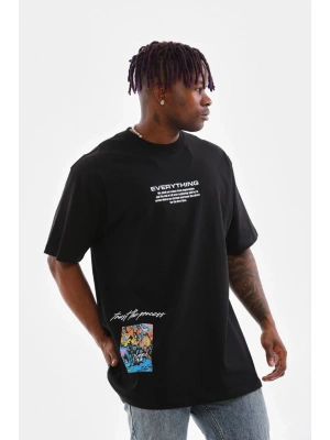 Unisex Bisiklet Yaka Baskılı Oversize T-Shirt - Siyah