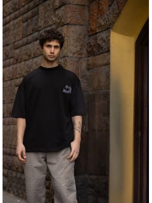 Unisex Bisiklet Yaka Baskılı Oversize T-Shirt - Siyah