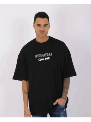 Unisex Bisiklet Yaka Baskılı Oversize T-Shirt - Siyah