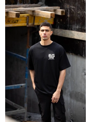 Unisex Bisiklet Yaka Baskılı Oversize T-Shirt - Siyah