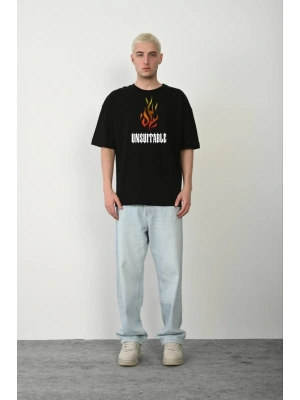 Unisex Bisiklet Yaka Baskılı Oversize T-Shirt - Siyah