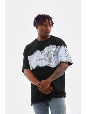 Unisex Bisiklet Yaka Baskılı Oversize T-Shirt - Siyah