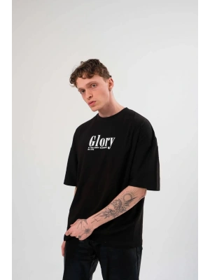 Unisex Bisiklet Yaka Baskılı Oversize T-Shirt - Siyah