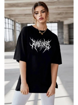 Unisex Bisiklet Yaka Baskılı Oversize T-Shirt - Siyah