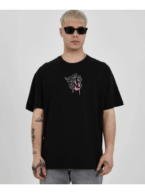 Unisex Bisiklet Yaka Baskılı Oversize T-Shirt - Siyah