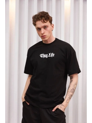 Unisex Bisiklet Yaka Baskılı Oversize T-Shirt - Siyah