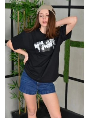 Unisex Bisiklet Yaka Baskılı Oversize T-Shirt - Siyah
