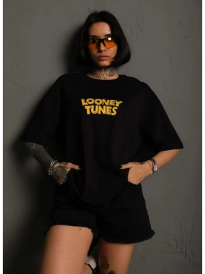 Unisex Bisiklet Yaka Baskılı Oversize T-Shirt - Siyah