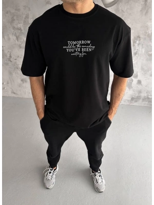 Unisex Bisiklet Yaka Baskılı Oversize T-Shirt - Siyah