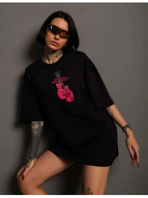 Unisex Bisiklet Yaka Baskılı Oversize T-Shirt - Siyah