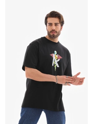 Unisex Bisiklet Yaka Baskılı Oversize T-Shirt - Siyah