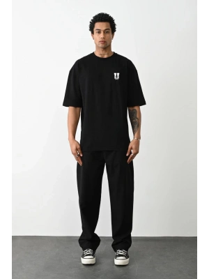 Unisex Bisiklet Yaka Baskılı Oversize T-Shirt - Siyah