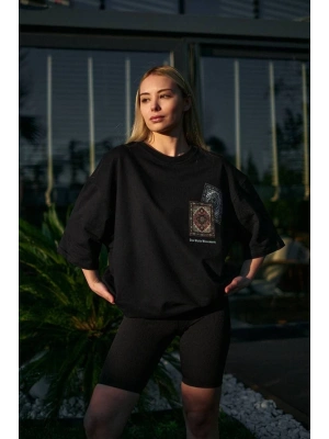 Unisex Bisiklet Yaka Baskılı Oversize T-Shirt - Siyah