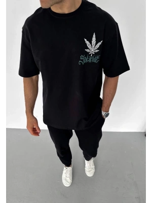 Unisex Bisiklet Yaka Baskılı Oversize T-Shirt - Siyah