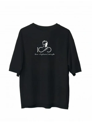 Unisex Bisiklet Yaka Baskılı Oversize T-Shirt - Siyah