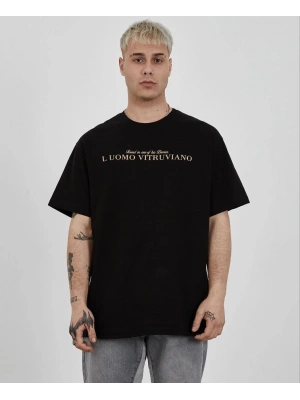 Unisex Bisiklet Yaka Baskılı Oversize T-Shirt - Siyah