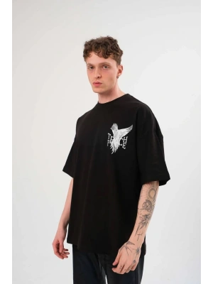 Unisex Bisiklet Yaka Baskılı Oversize T-Shirt - Siyah
