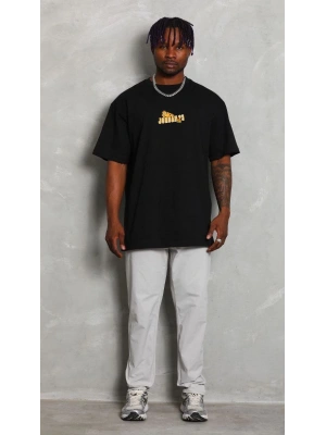 Unisex Bisiklet Yaka Baskılı Oversize T-Shirt - Siyah