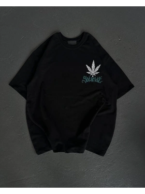 Unisex Bisiklet Yaka Baskılı Oversize T-Shirt - Siyah