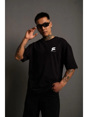 Unisex Bisiklet Yaka Baskılı Oversize T-Shirt - Siyah