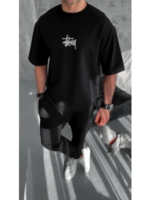 Unisex Bisiklet Yaka Baskılı Oversize T-Shirt - Siyah