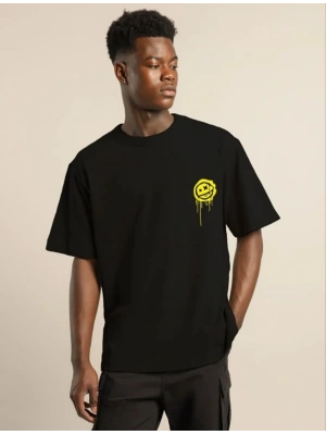 Unisex Bisiklet Yaka Baskılı Oversize T-Shirt - Siyah