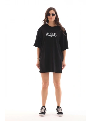 Unisex Bisiklet Yaka Baskılı Oversize T-Shirt - Siyah