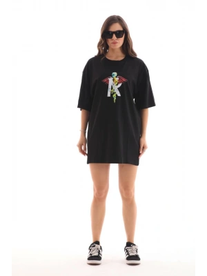 Unisex Bisiklet Yaka Baskılı Oversize T-Shirt - Siyah