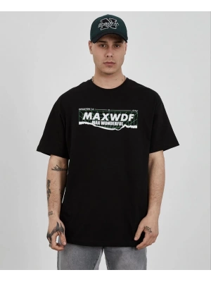 Unisex Bisiklet Yaka Baskılı Oversize T-Shirt - Siyah