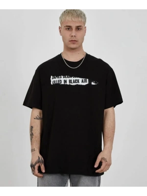 Unisex Bisiklet Yaka Baskılı Oversize T-Shirt - Siyah