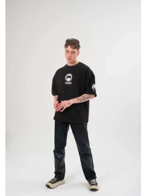 Unisex Bisiklet Yaka Baskılı Oversize T-Shirt - Siyah