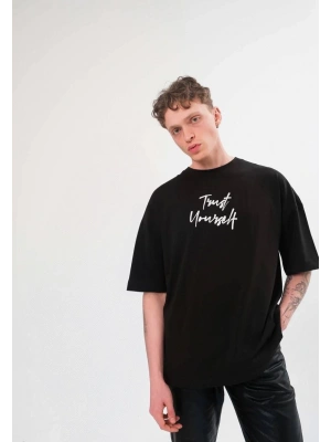 Unisex Bisiklet Yaka Baskılı Oversize T-Shirt - Siyah