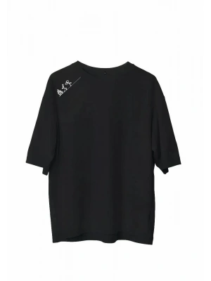 Unisex Bisiklet Yaka Baskılı Oversize T-Shirt - Siyah