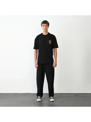 Unisex Bisiklet Yaka Baskılı Oversize T-Shirt - Siyah