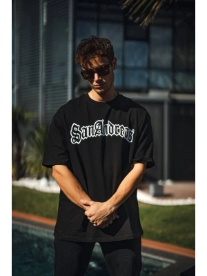 Unisex Bisiklet Yaka Baskılı Oversize T-Shirt - Siyah