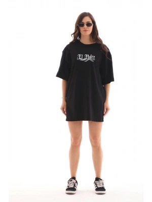 Unisex Bisiklet Yaka Baskılı Oversize T-Shirt - Siyah