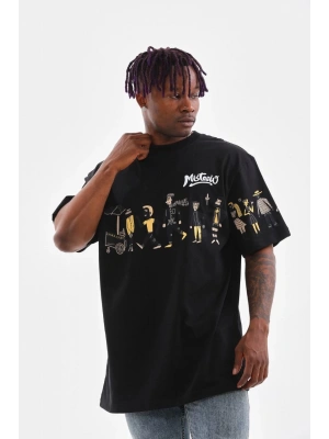 Unisex Bisiklet Yaka Baskılı Oversize T-Shirt - Siyah