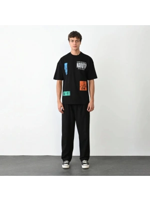 Unisex Bisiklet Yaka Baskılı Oversize T-Shirt - Siyah