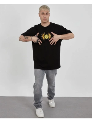 Unisex Bisiklet Yaka Baskılı Oversize T-Shirt - Siyah