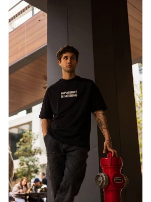 Unisex Bisiklet Yaka Baskılı Oversize T-Shirt - Siyah