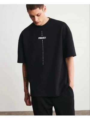 Unisex Bisiklet Yaka Baskılı Oversize T-Shirt - Siyah